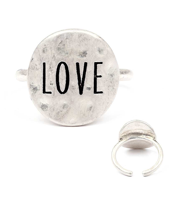 Handmade metal disk ring - love