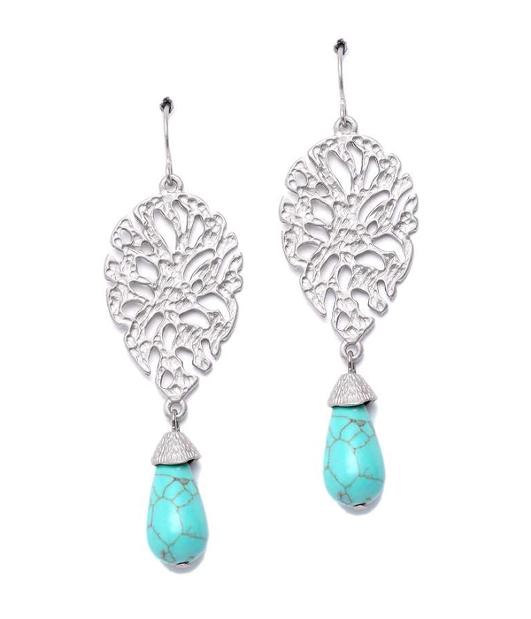 Metal filigree and turquoise drop earring