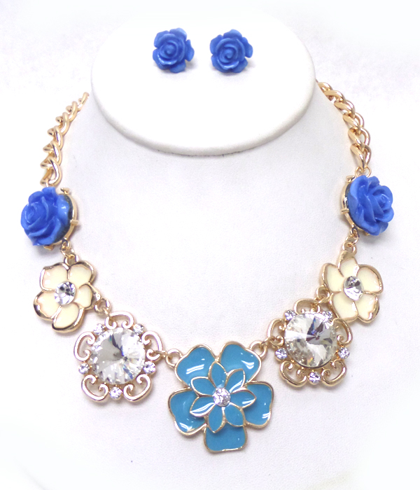 Crystal and epoxy flower link necklace set