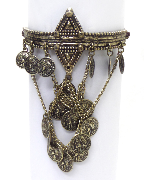 Multi coin link drop and leatherette cord back arm cuff