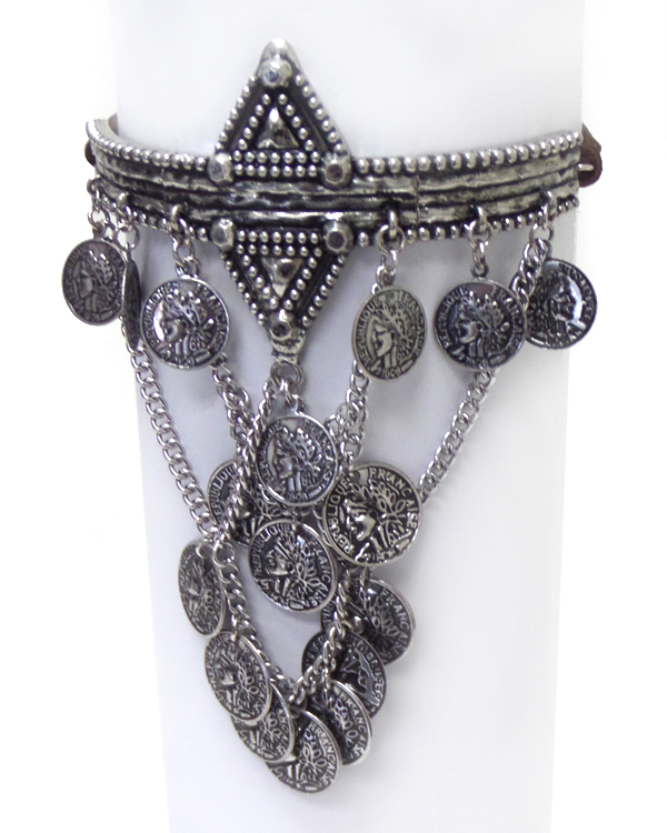 Multi coin link drop and leatherette cord back arm cuff