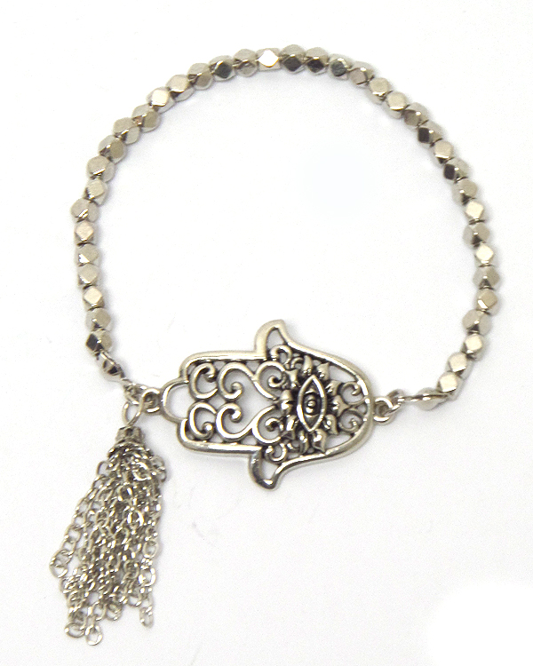 Hamsa and metal beads with tassel drop bracelet