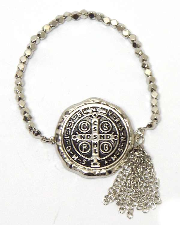 Saint benedict medal and tassel drop bracelet