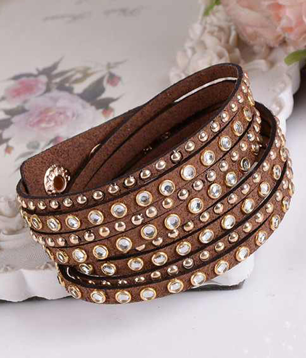 Crystal and metal stud leather wrap bracelet