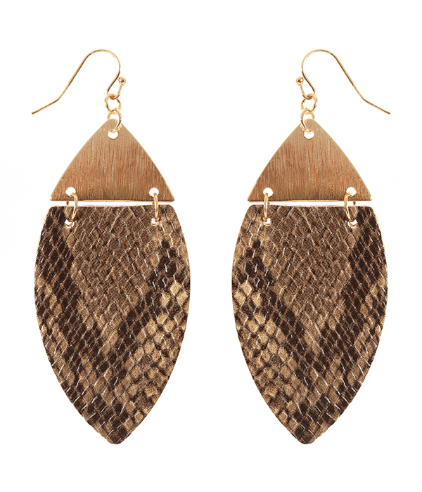 SNAKE SKIN TEXTURED METAL AND LEATHERETTE MARQUISE EARRING
