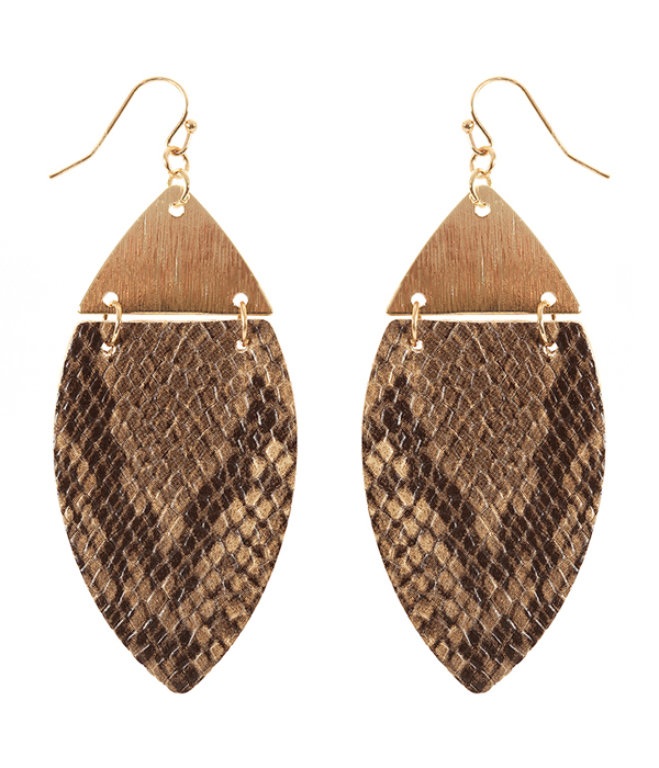 Snake skin textured metal and leatherette marquise earring