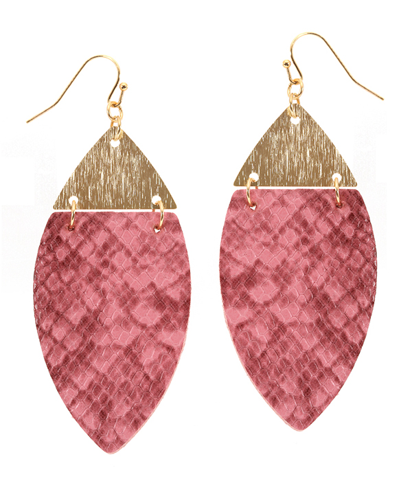 Snake skin textured metal and leatherette marquise earring