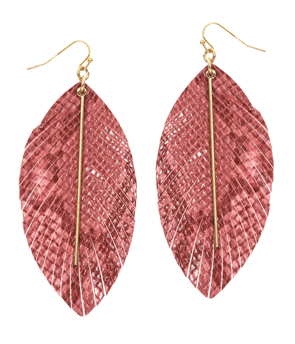 Snake skin textured leatherette feather earring