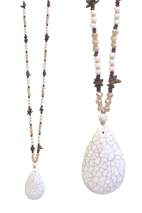 SEMI PRECIOUS STONE TEARDROP PENDANT AND MULTI STONE BEAD LONG NECKLACE