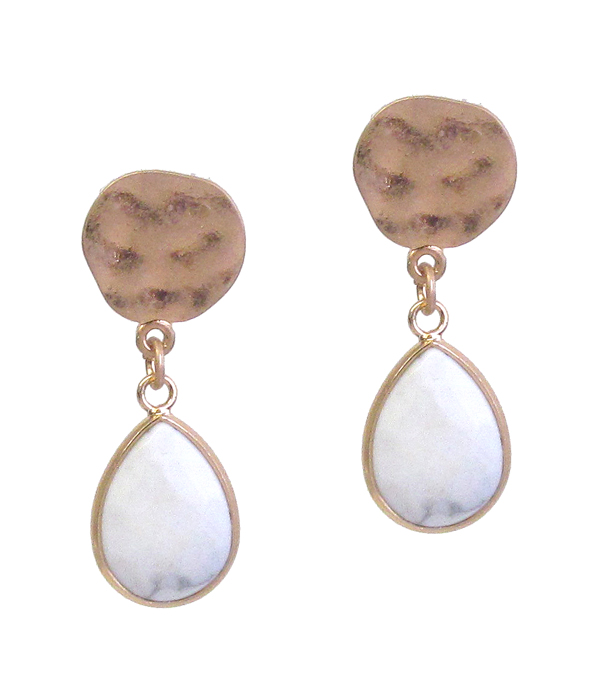 Metal disk and teardrop stone earring