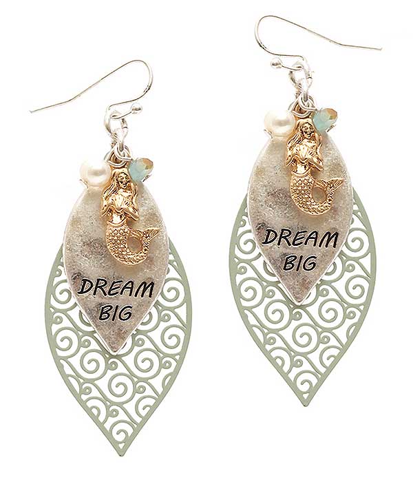 Sealife theme mermaid metal filigree earring - dream big