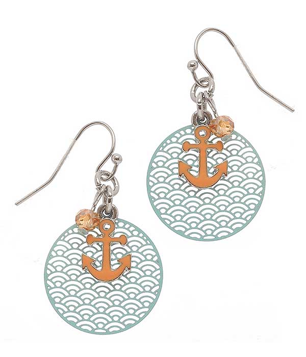 Sealife theme charm metal filigree earring - anchor