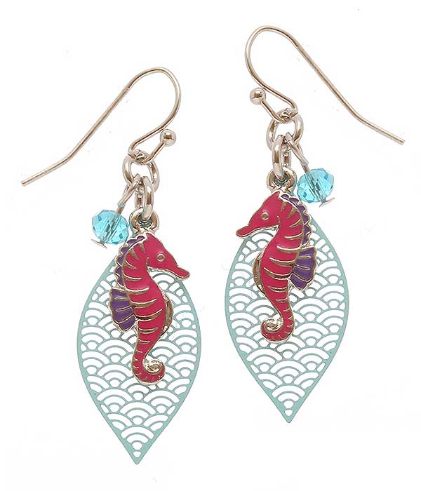 Sealife theme charm metal filigree earring - sea horse