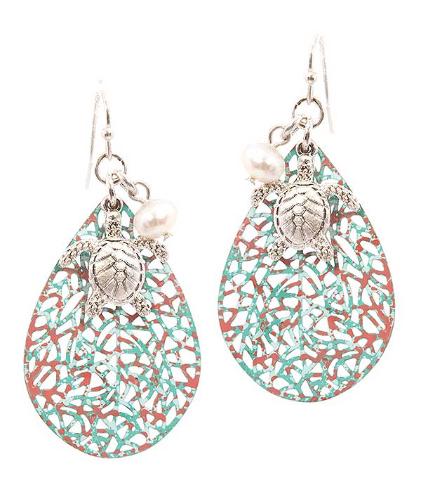 Sealife theme charm metal filigree earring - turtle