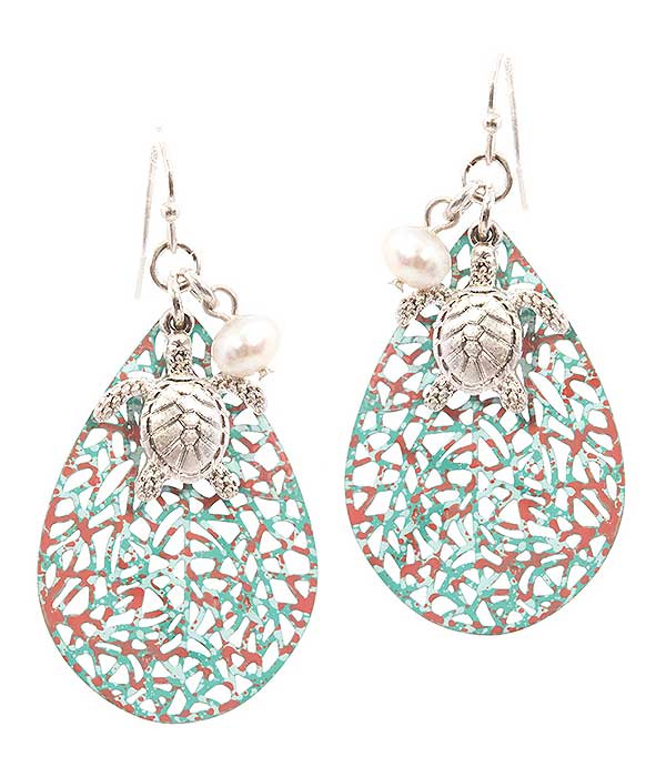 SEALIFE THEME CHARM METAL FILIGREE EARRING - TURTLE