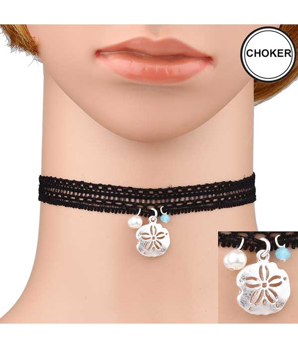 SEALIFE THEME CHARM FABRIC CHOKER NECKLACE - SAND DOLLAR