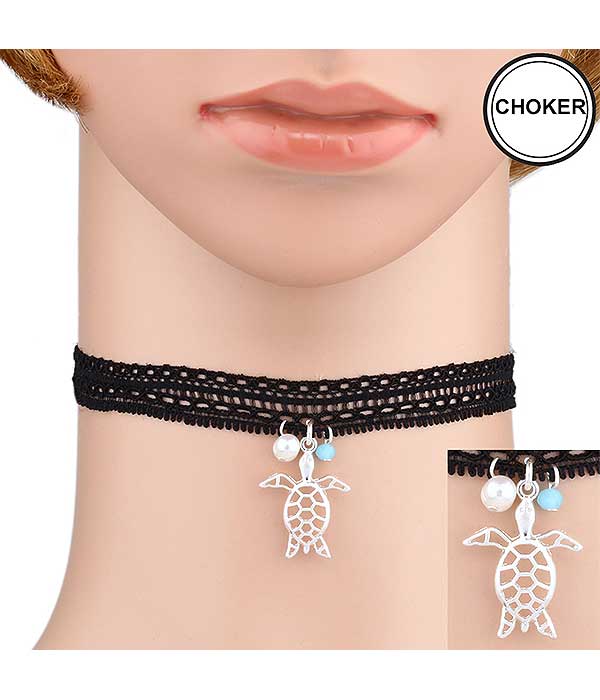 Sealife theme charm fabric choker necklace - turtle
