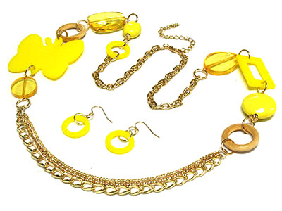 Large acrylic butterfly and wood ring long necklace and earring set