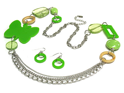 Large acrylic butterfly and wood ring long necklace and earring set