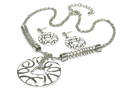 Painted round pendant and double metal spring necklace and earring set 