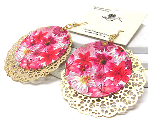 Metal round filigree and leather on printed flowers drop earring