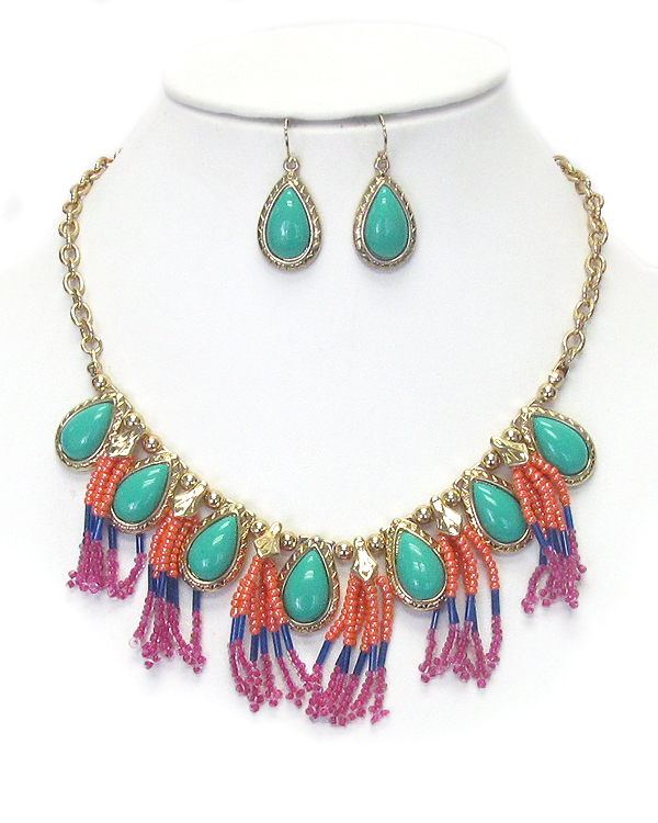 TEARDROP STONE AND SEED BEADS TASSEL MIX NECKLACE EARRING SET