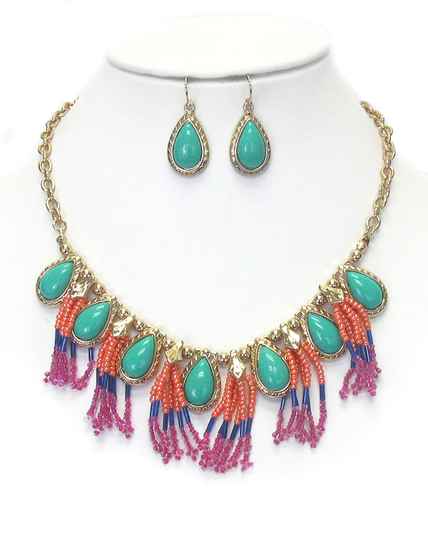 Teardrop stone and seed beads tassel mix necklace earring set