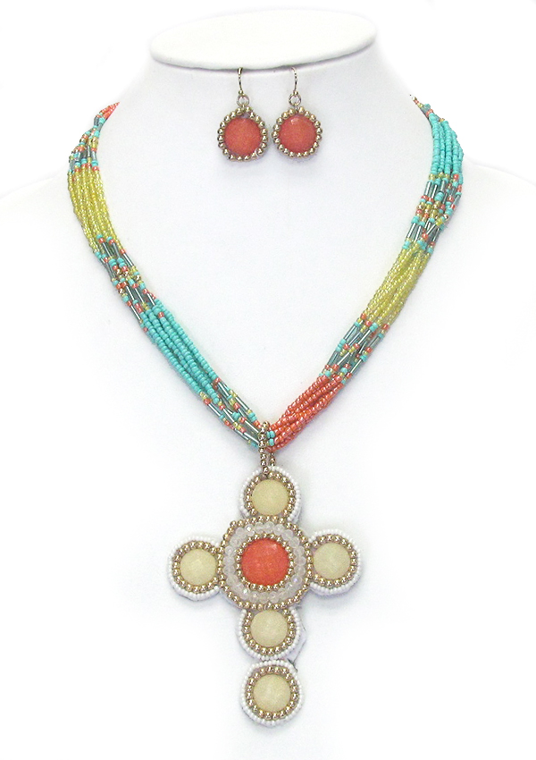 Seed bead on fabric cross pendant and multi layer seed bead chain necklace earring set