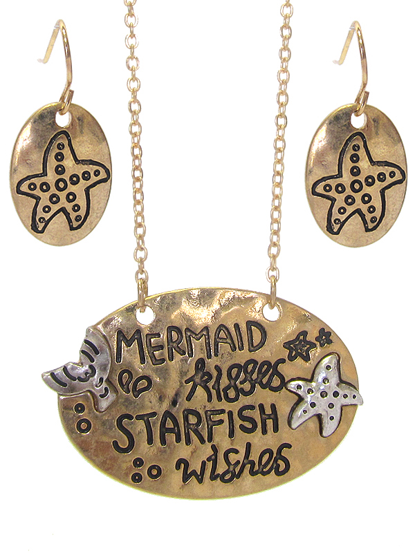 Sealife theme message pendant necklace set - mermaid kisses starfish wishes