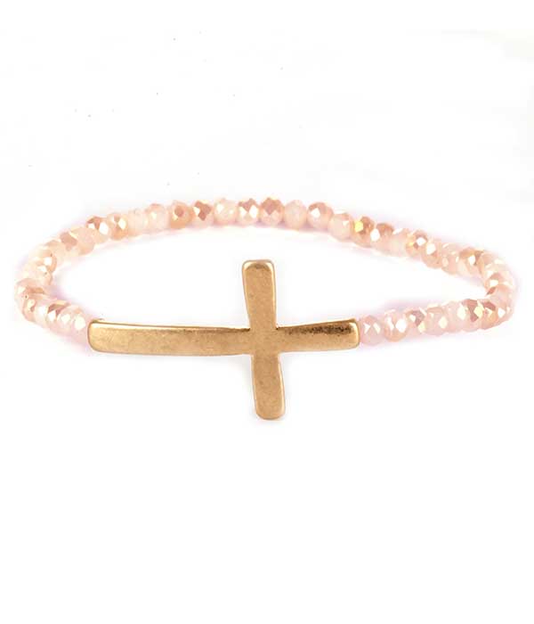 Metal cross glass bead stretch bracelet