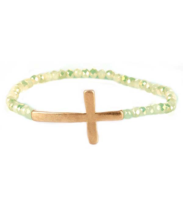 Metal cross glass bead stretch bracelet