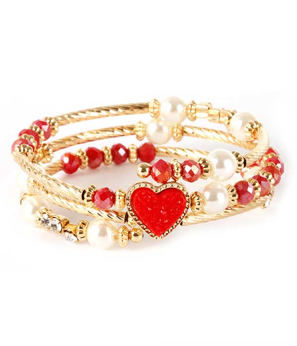 Druzy and pearl mix coil bracelet - valentine heart