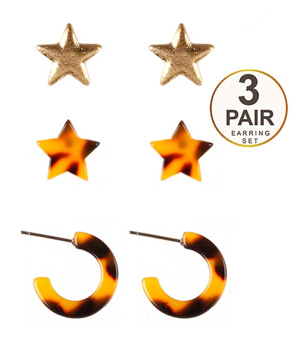 3 PAIR METAL AND ACETATE STAR AND HOOP EARRING SET