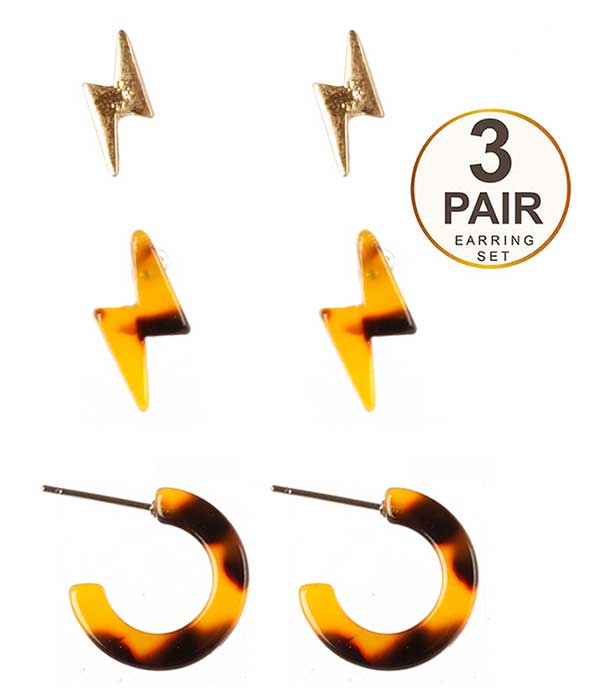 3 PAIR METAL AND ACETATE THUNDER AND HOOP EARRING SET