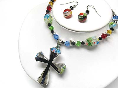 Fossil candy beads cross pendant neckalce and earring set
