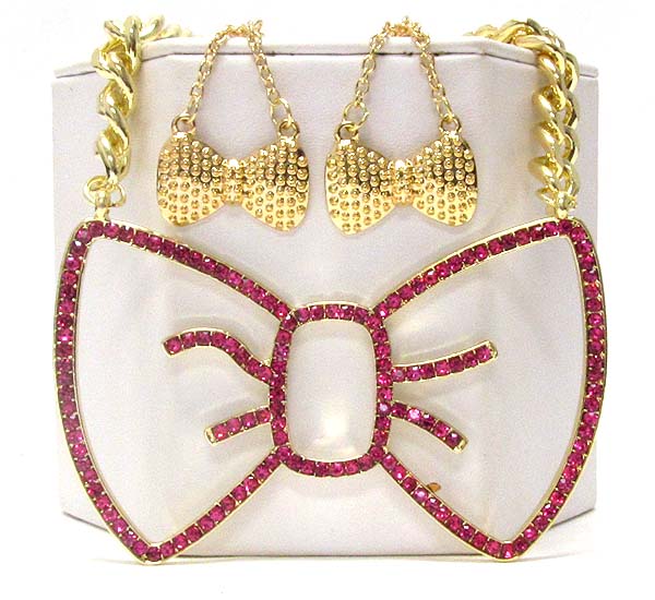 Crystal deco large ribbon pendant necklace earring set