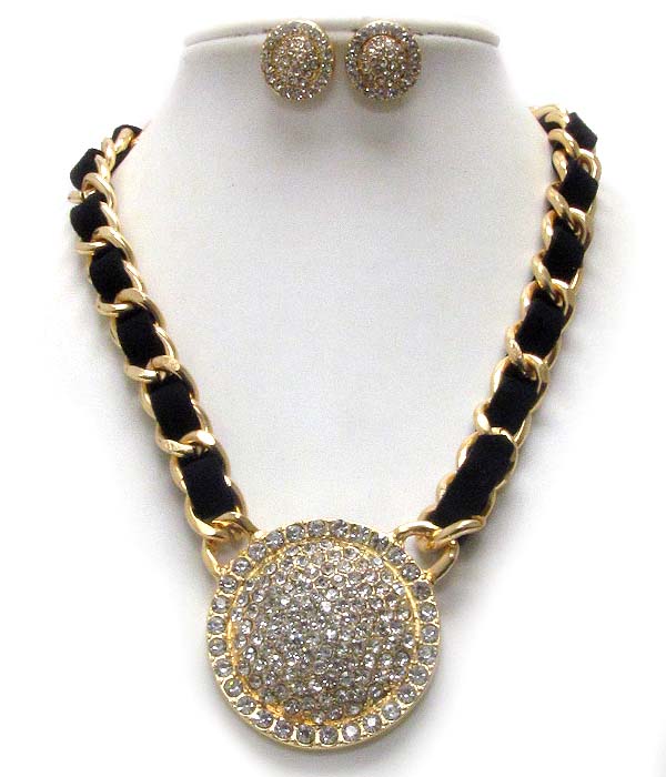 Crystal stud metal disk and suede and metal chian necklace earring set
