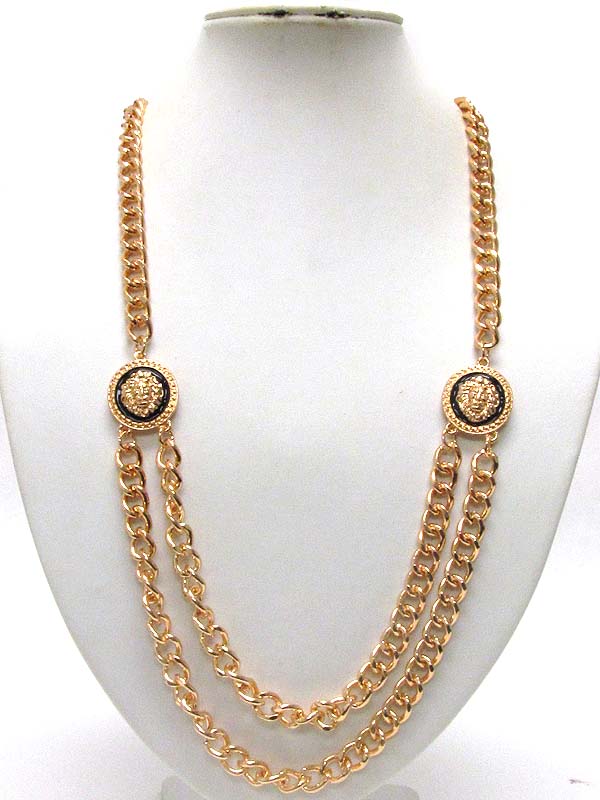 Epoxy deco lion head disk and double chain drop necklace