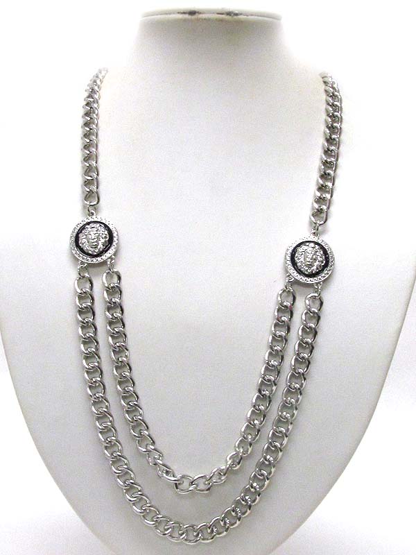 Epoxy deco lion head disk and double chain drop necklace