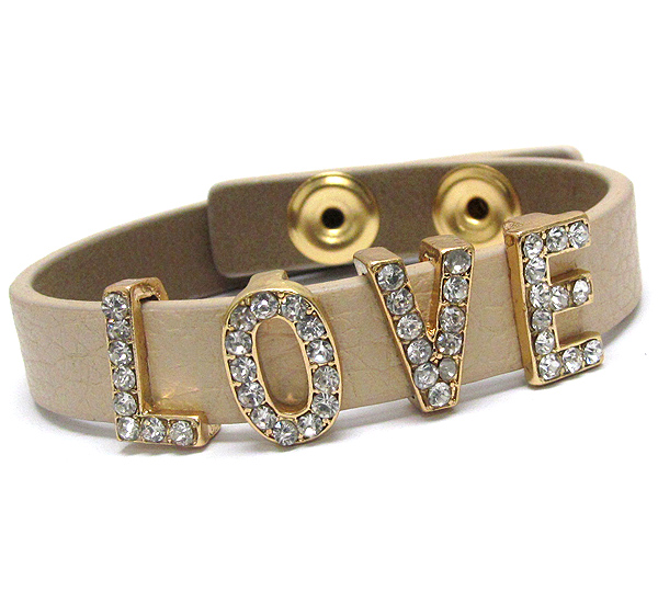 Crystal love theme and leatherette band button bracelet