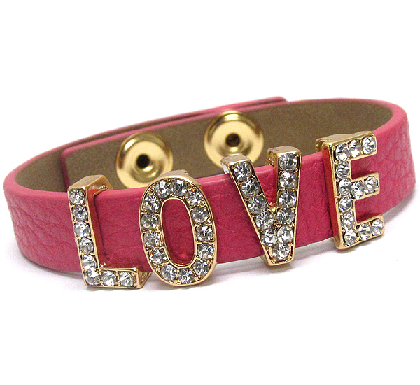 Crystal love theme and leatherette band button bracelet