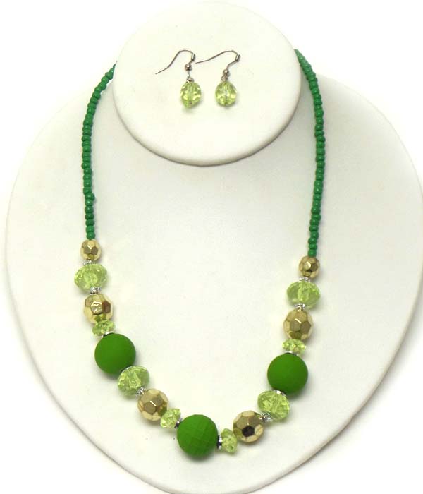 Rubber and acrylic ball and seed bead necklace earring set
