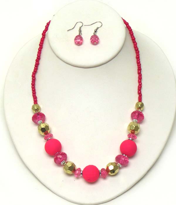 Rubber and acrylic ball and seed bead necklace earring set