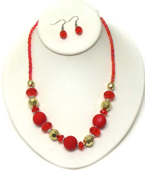Rubber and acrylic ball and seed bead necklace earring set
