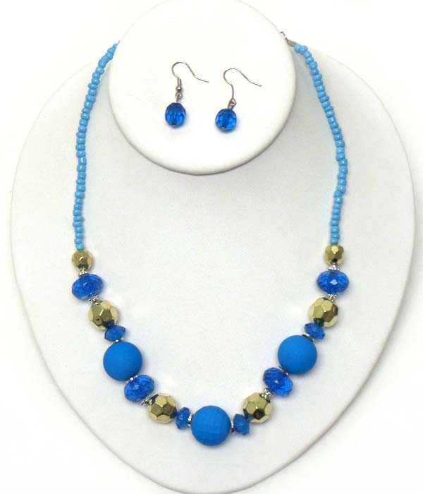 Rubber and acrylic ball and seed bead necklace earring set