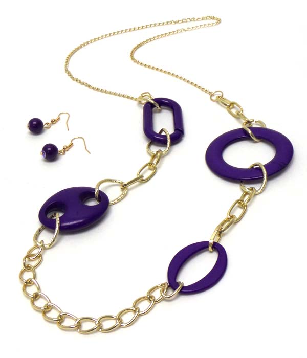 Acrylic and metal long chain necklace earring set