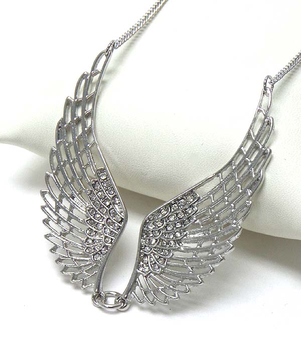 Metal filigree and crystal angel wing necklace