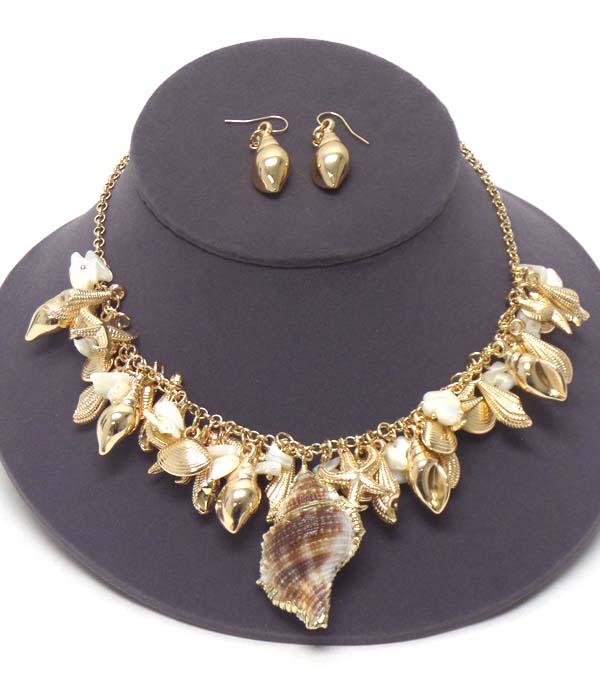 Turban shell pendant and multi sealife charm dangle necklace earring set