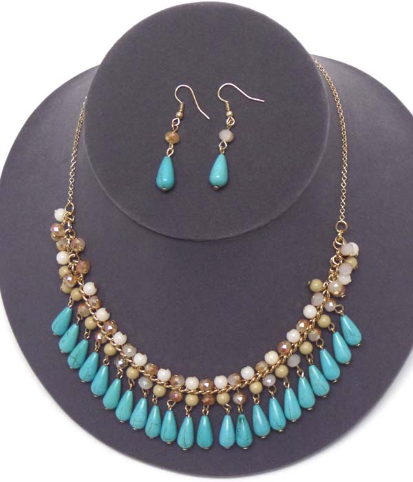 Multi turquoise and glass bead drop necklace earring set
