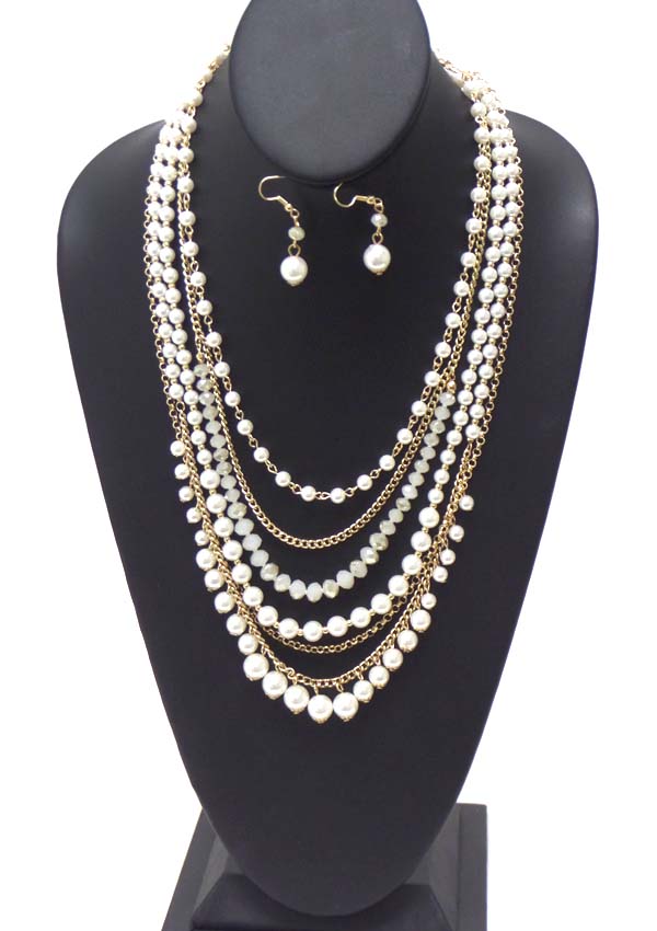 Multi layered pearl and glass bead chain necklace earring set